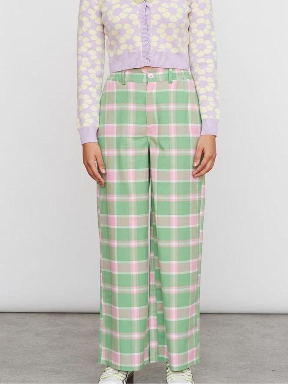 Lazy Oaf Sz 6 Plaid Green Pink Wide Leg Pants
